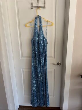 Morgan & Co. Sequined Halter-Back Blue Evening Dress